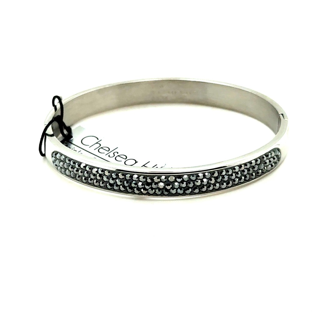 Chelsea Hill Stainless Steel Crystal Hinge Bangle Bracelet Silver Tone Charcoal